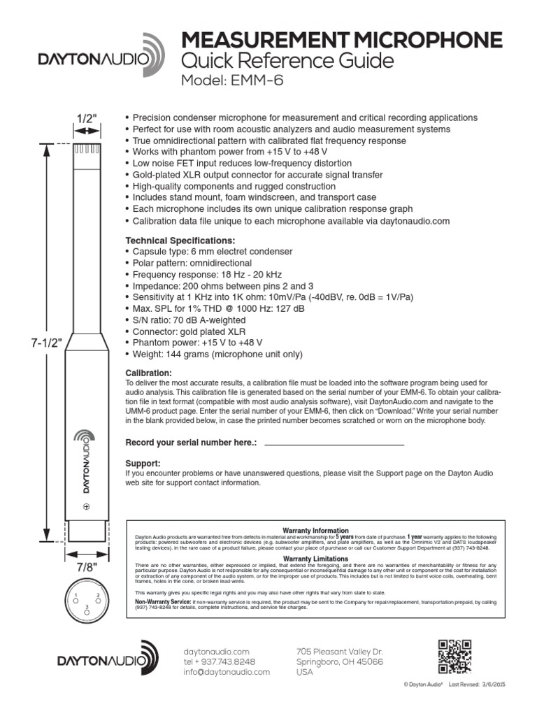 Dayton Audio Emm 6 Quick Reference Guide PDF Microphone