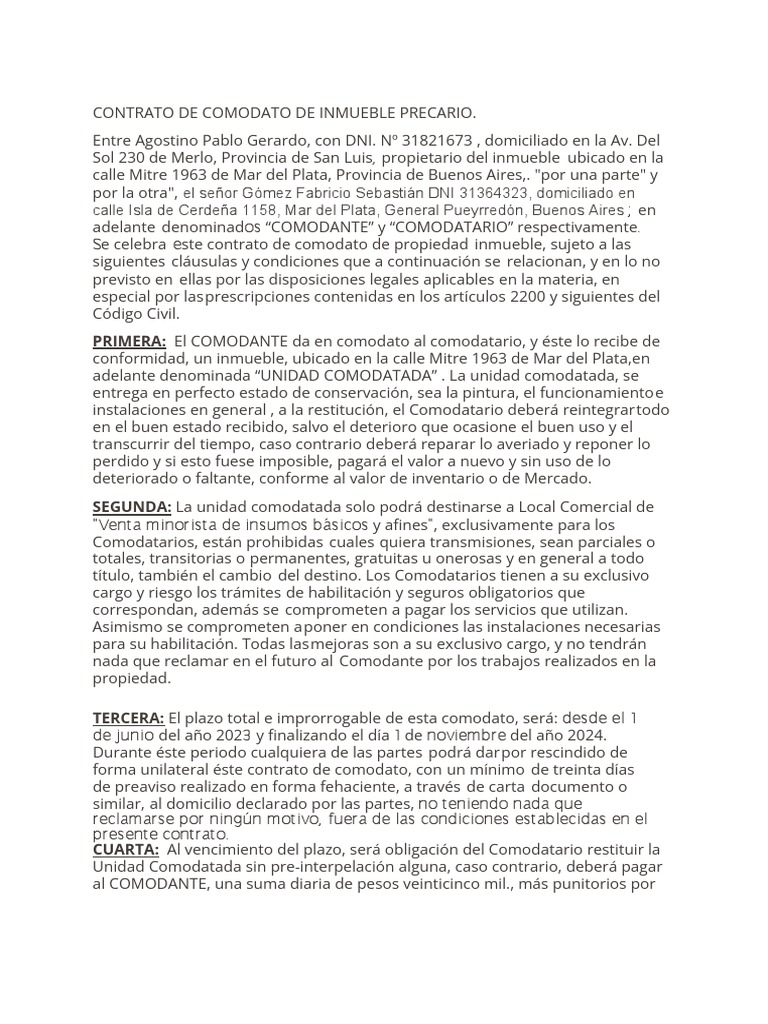 Contrato de Comodato de Inmueble en Mar del Plata | PDF