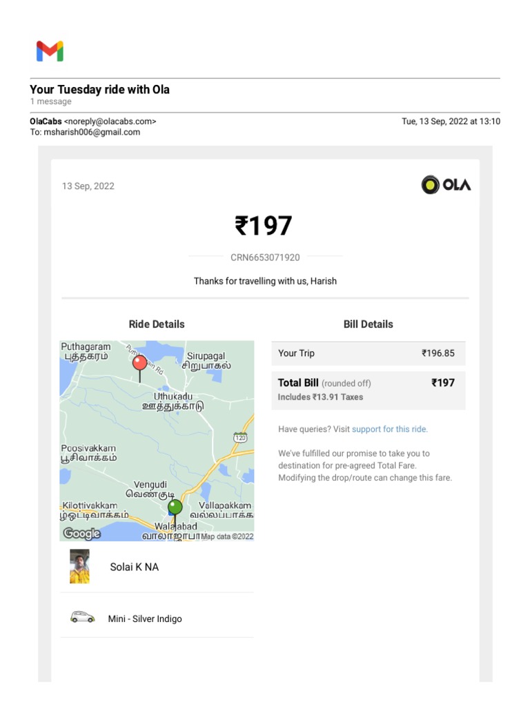 Ola Ride Summary for Harish | PDF