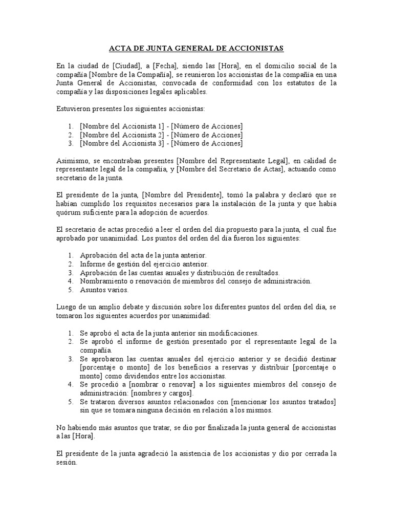 ACTA DE JUNTA GENERAL DE ACCIONISTAS | PDF | Gobierno