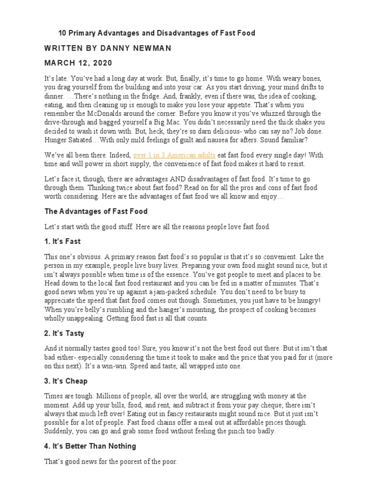 10 Primary Advantages and Disadvantages of Fast Food | PDF | Fast Food