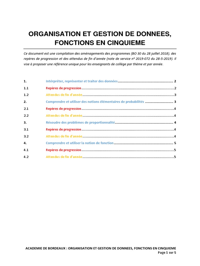 Organisation Et Gestion de Données - Fonctions en Cinquième | PDF