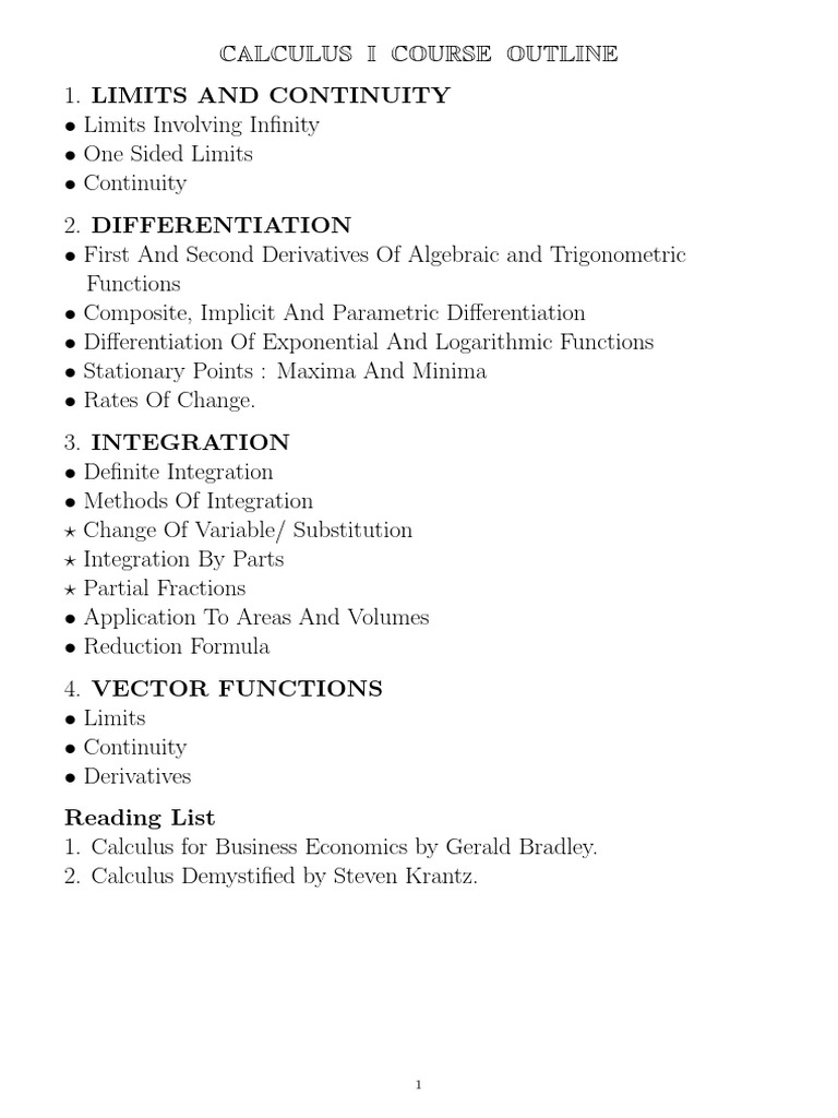 Calculus Course Outline PDF