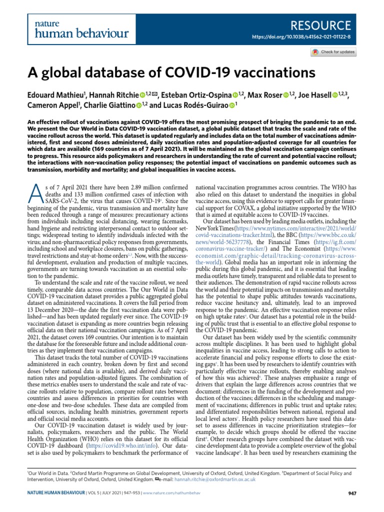 A Global Database of Covid-19 Vaccinations: Resource | PDF | Gross ...