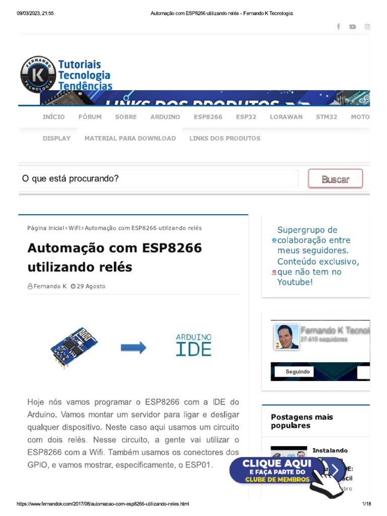 Automação Com ESP8266 Utilizando Relés - Fernando K Tecnologia | PDF