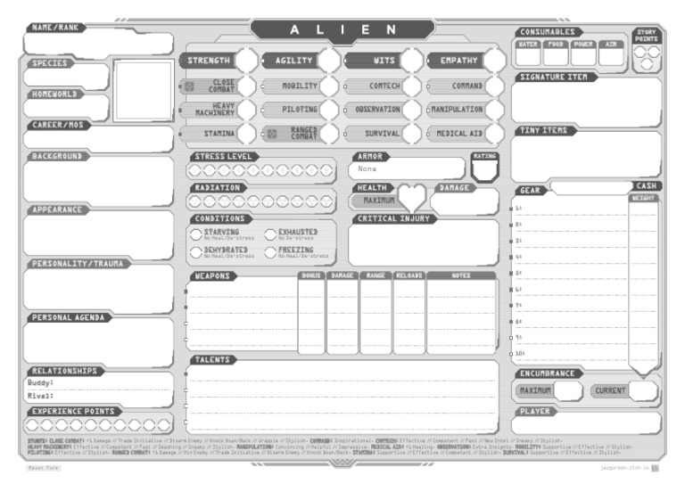 Alien RPG Character Sheet Template | PDF | Role Playing Games