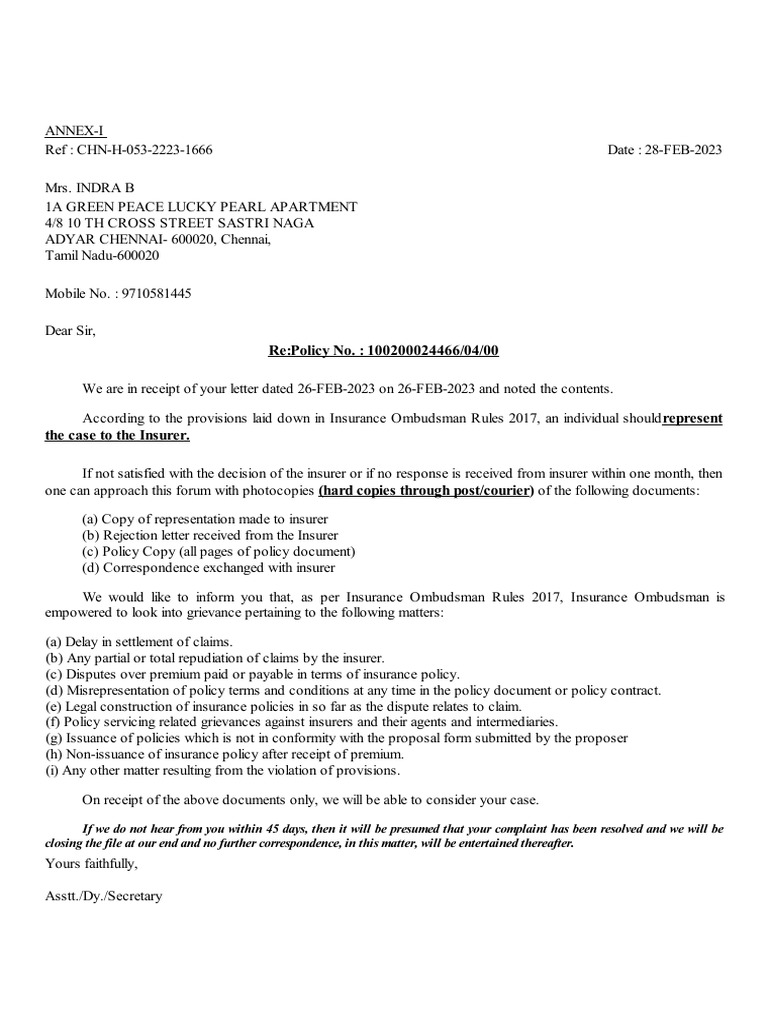 Insurance Ombudsman Complaint Process | PDF