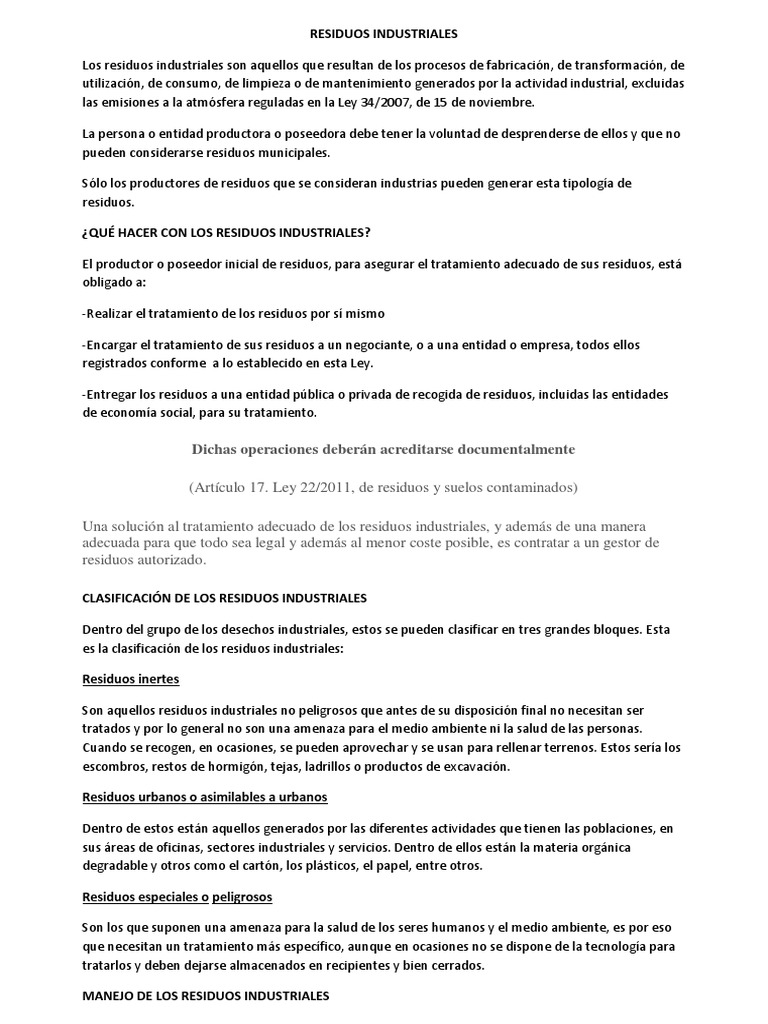 Manejo y Clasificación de Residuos Industriales | PDF | Residuos ...