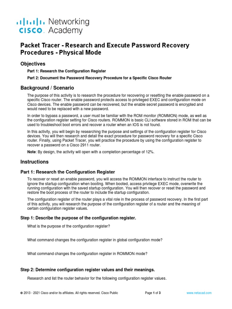 Packet Tracer Research and Execute Password Recovery Procedures