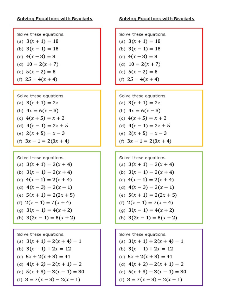 Solving Equations With Brackets Practice Strips PDF