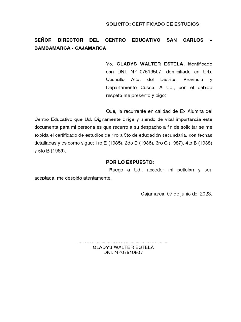 Solicitud de Certificado de Estudios | PDF
