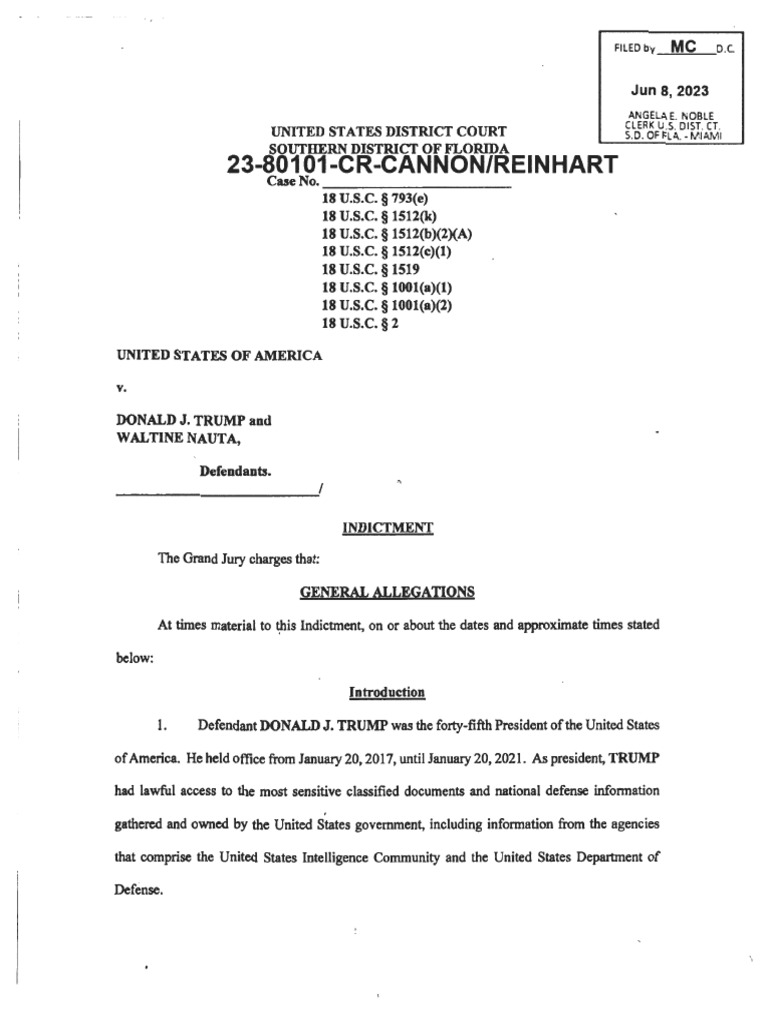 The United States of America vs. Donald Trump, and Waltine Nauta | PDF |  Public Law | Classified Information In The United States