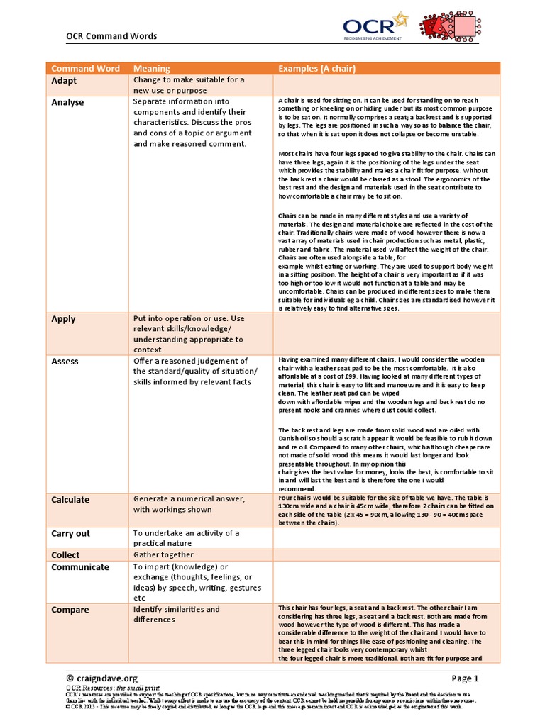OCR Command Word Definitions PDF Chair Optical Character