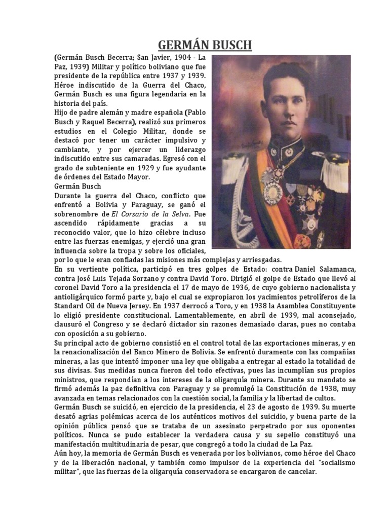 Biografias GERMÁN BUSCH | PDF | Bolivia | Gobierno