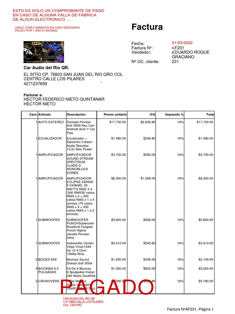 Car Audio Del Rio QR. Factura AF231 PDF