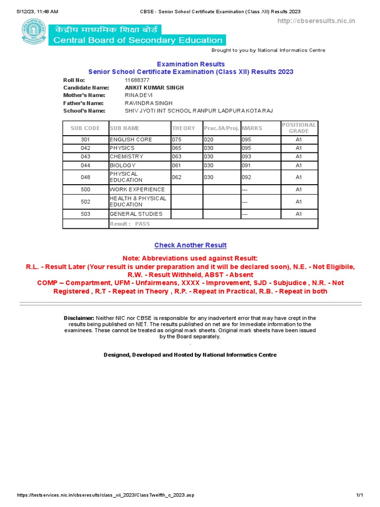 CBSE Class 12 Result for Ankit Kumar | PDF