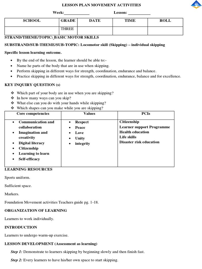 Skipping Lesson Plan for Grade Three | PDF | Learning | Lesson Plan