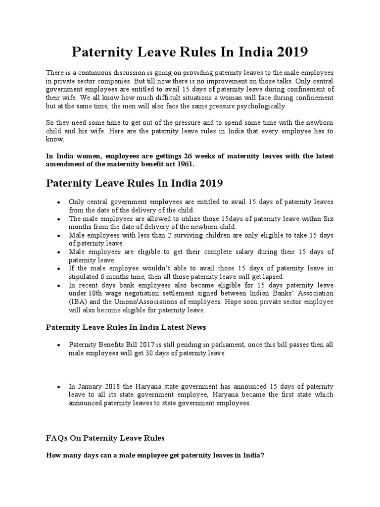 Paternity Leave Rules In India 2019 PDF Parental Leave Family