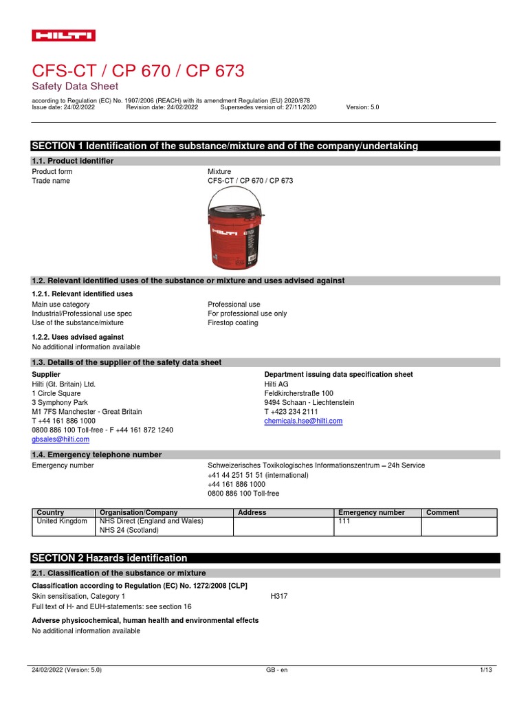 CFS-CT CP 670 Safety Data Sheet | PDF | Firefighting | Toxicity