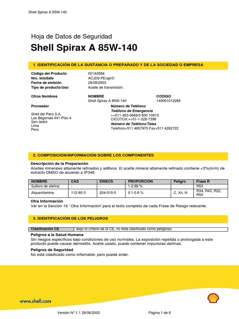 MSDS SHELL SPIRAX S2a 85w 140 PDF Agua Residuos