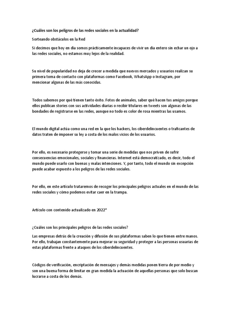 Peligros actuales de las redes sociales | PDF | Servicio de redes ...