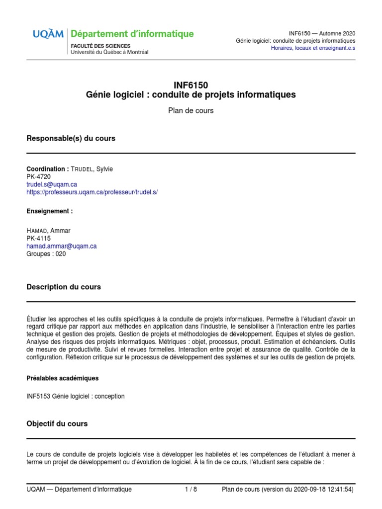 Génie logiciel : conduite de projets INF6150 | PDF | Gestion de projet ...