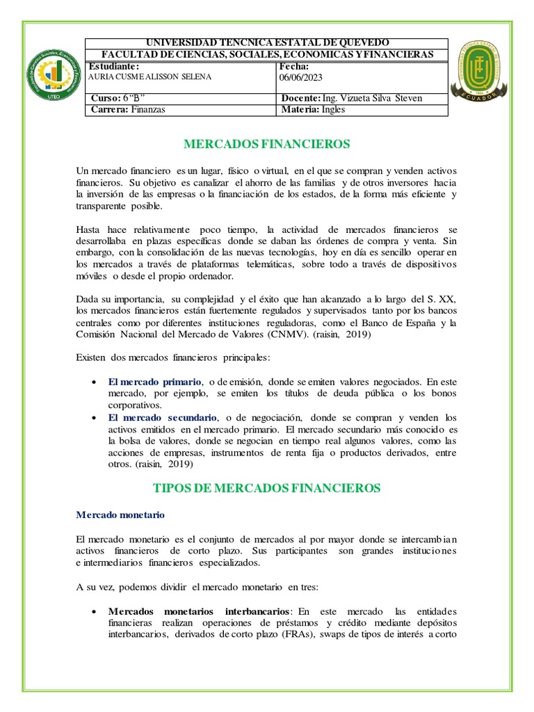 Tipos de Mercados Financieros Explicados | PDF | Mercado de divisas ...