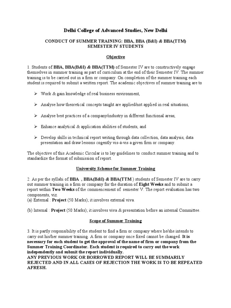 Summer Training Guidelines for BBA Students | PDF | Customer ...