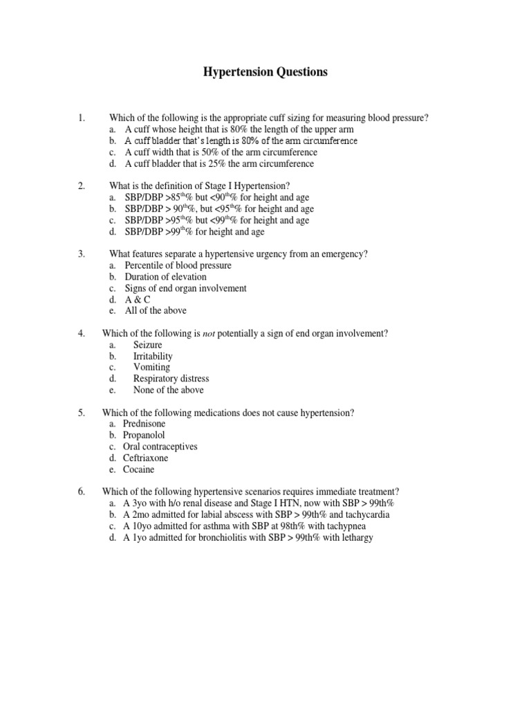 Hypertension Questions PDF Hypertension Blood Pressure