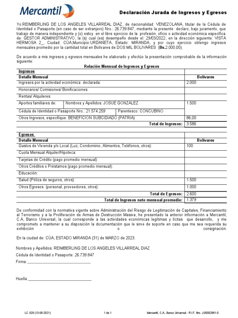 Declaracion Jurada De Ingresos Y Egresosdocx Images And Photos Finder ...