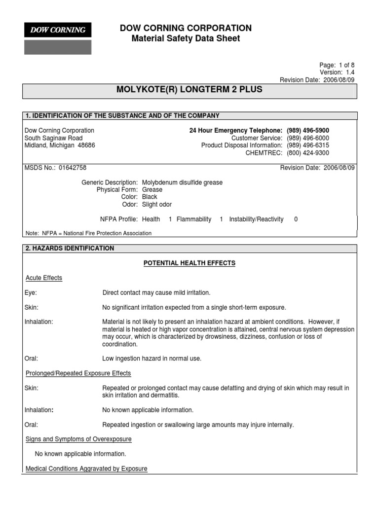 Molykote Longterm2 Plus Grease MSDS PDF Personal Protective