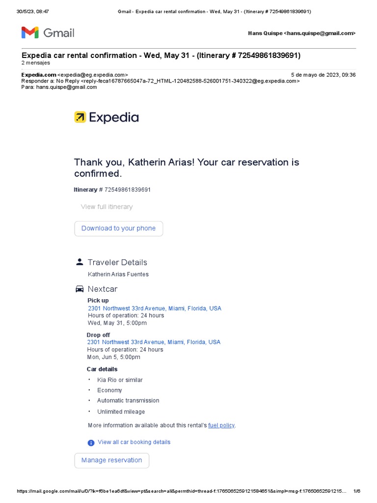 Gmail Expedia Car Rental Confirmation Wed, May 31 (Itinerary