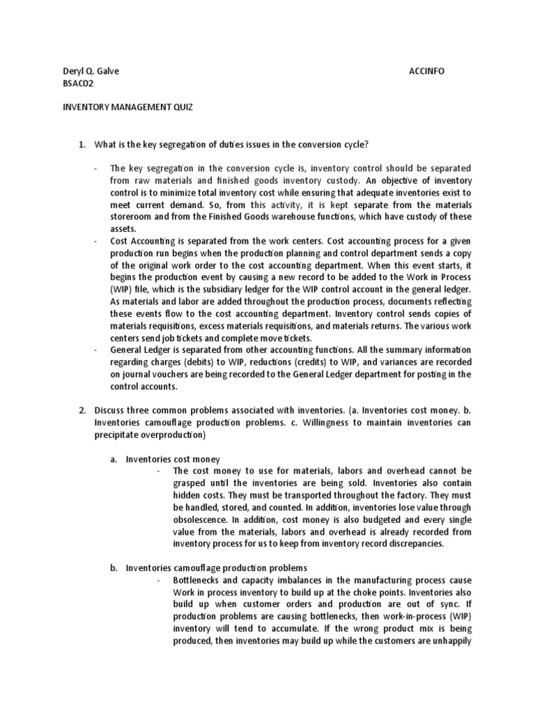 Inventory Cycle Quiz PDF Inventory Business Economics