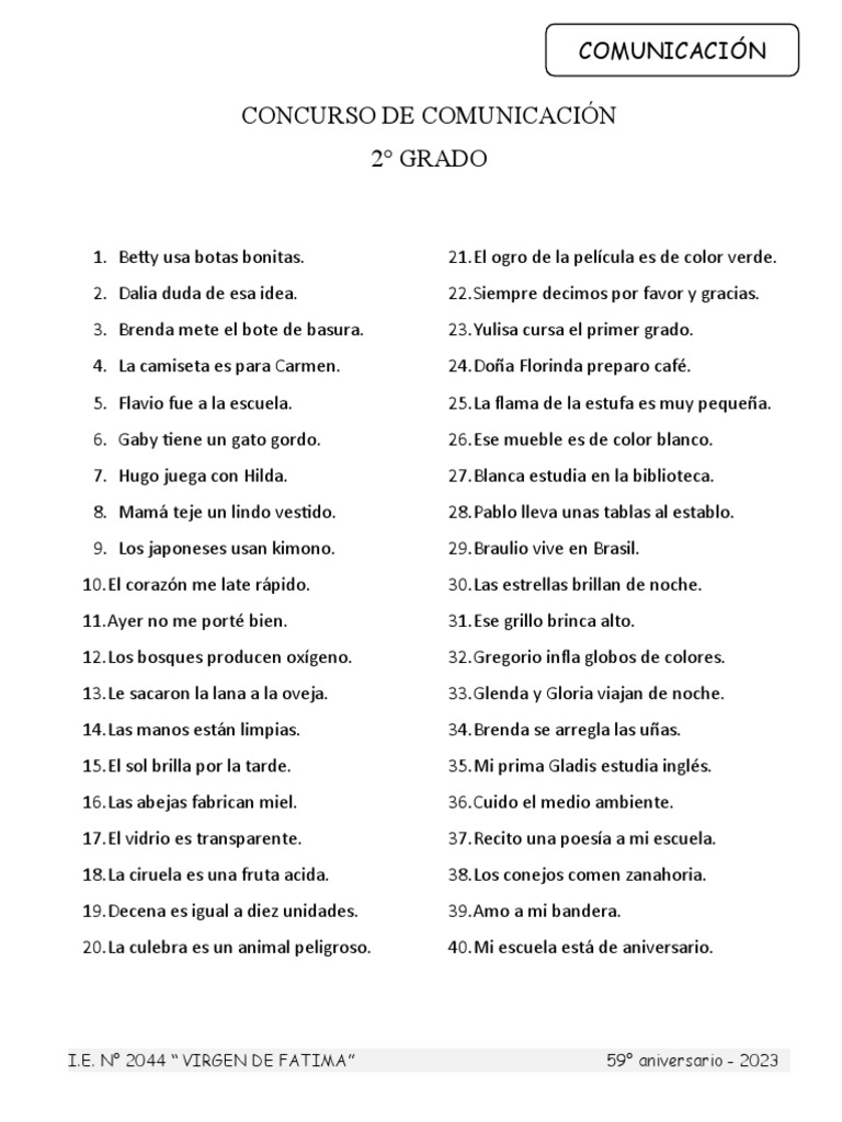 Oraciones para 2° Grado de Comunicación | PDF