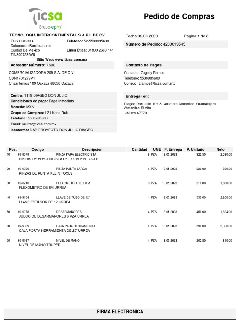 Pedido de Compras Tecnologia Intercontinental S.A.P.I. de CV Número de