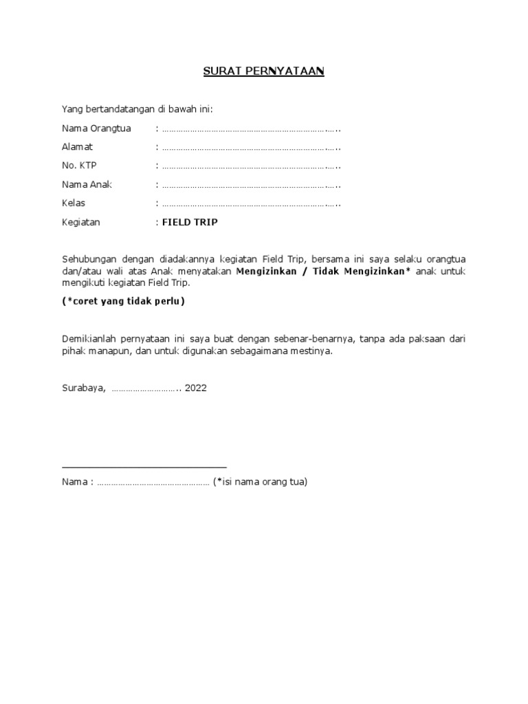 Surat Pernyataan Field Trip | PDF