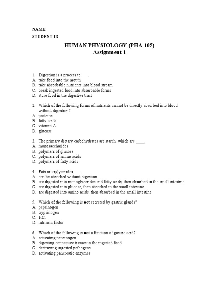 Digestive System Physiology Assignment PDF