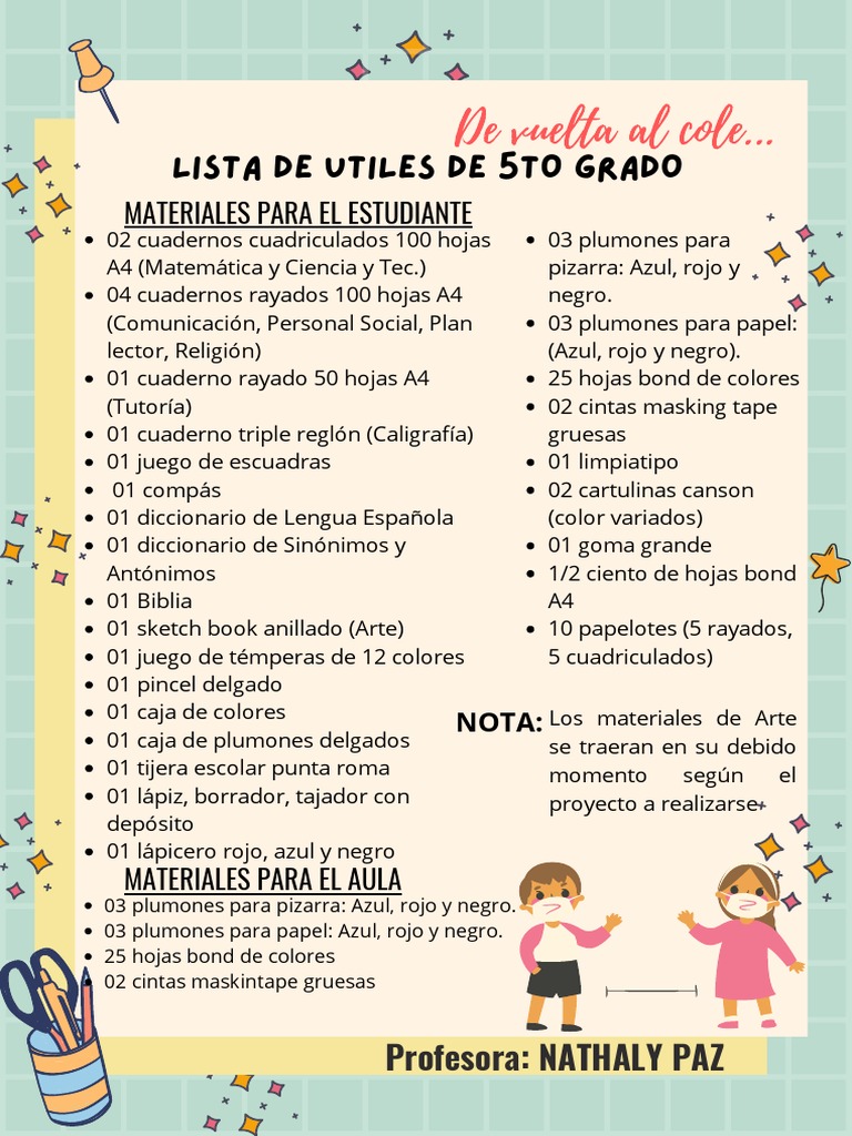 Lista de Útiles 5to Grado PDF