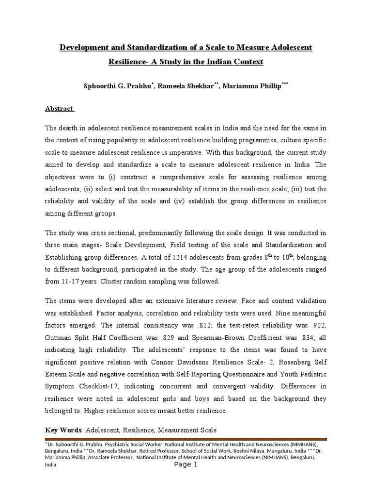 Adolescent Resilience Measurement Scale Pdf Psychological