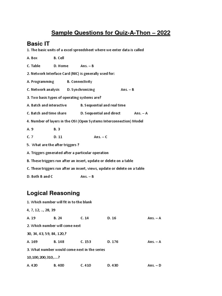 RCAT Quiz-A-Thon 2022 Sample Questions | PDF | Osi Model | Computer ...