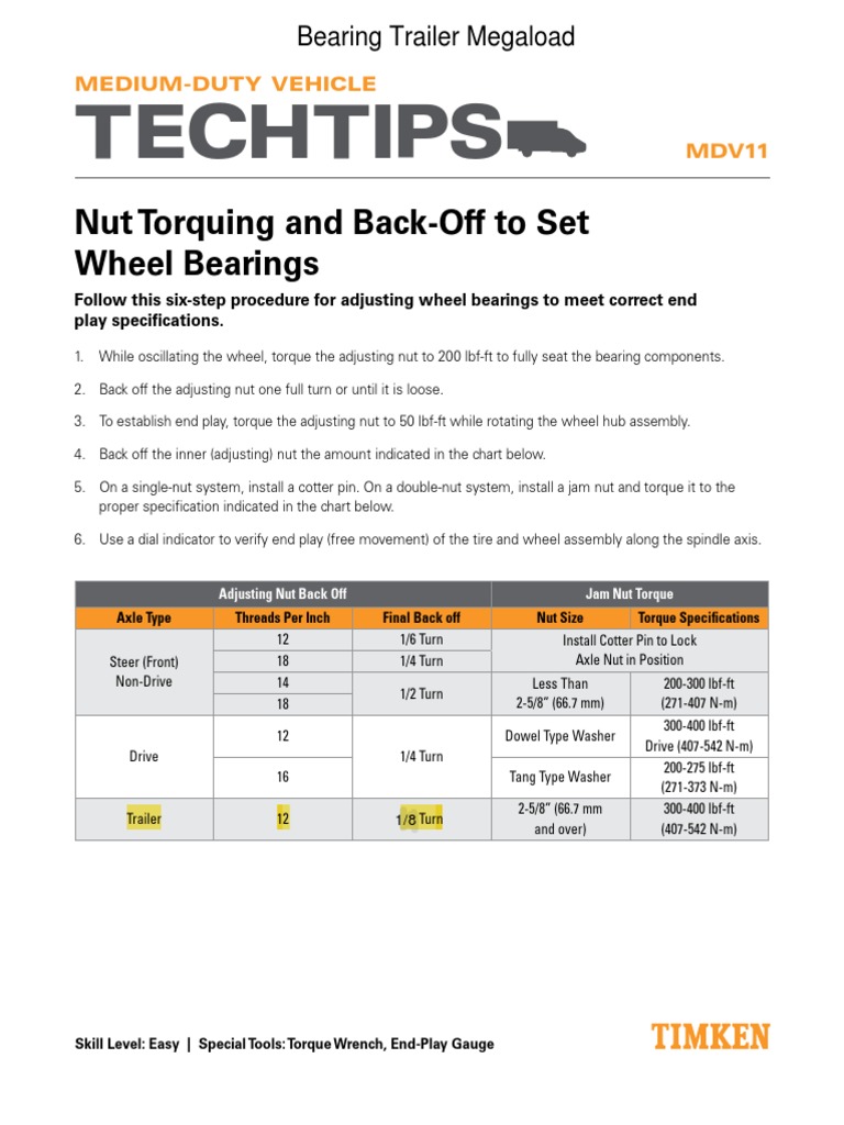 Timken MDV11 Nut Torquing and Back Off To Set Wheel Bearings 10835