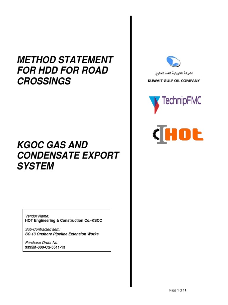 Method Statement For HDD For Road Crossing - r2 | PDF | Pipe (Fluid ...