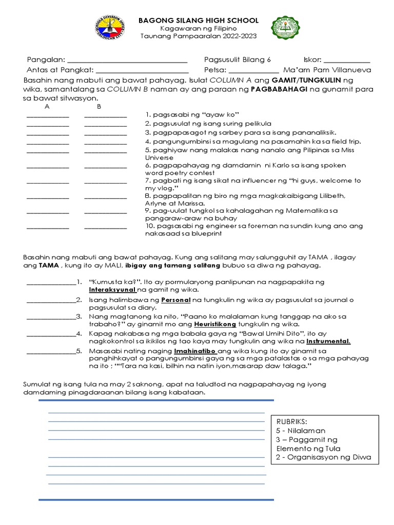 Pagsusulit 6 Q1 | PDF