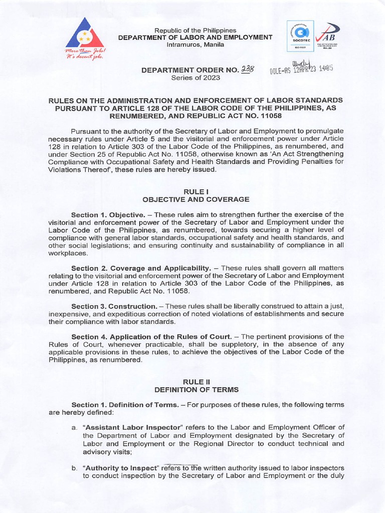 DO 238 23 Rules On The Administration and Enforcement of Labor ...
