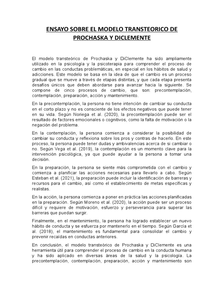 Ensayo Sobre El Modelo Transteorico de Prochaska y Diclemente PDF