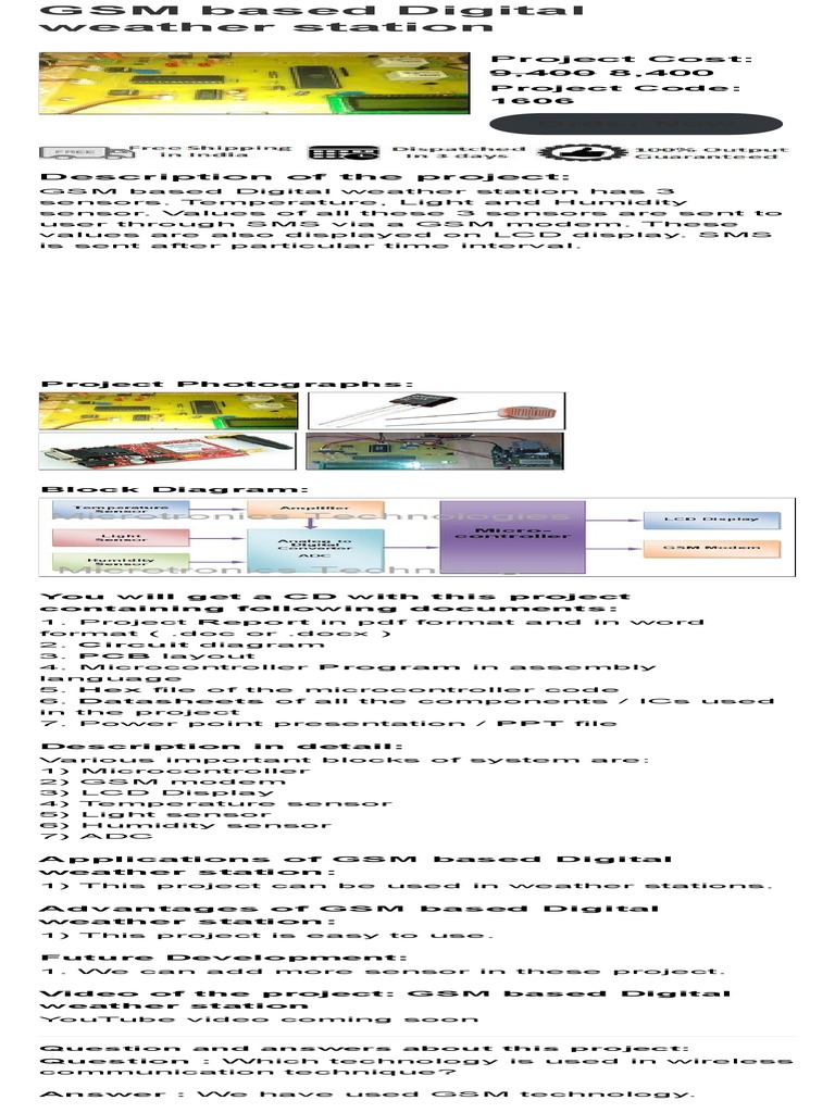 Gsm Based Digital Weather Station Pdf Microcontroller Sensor