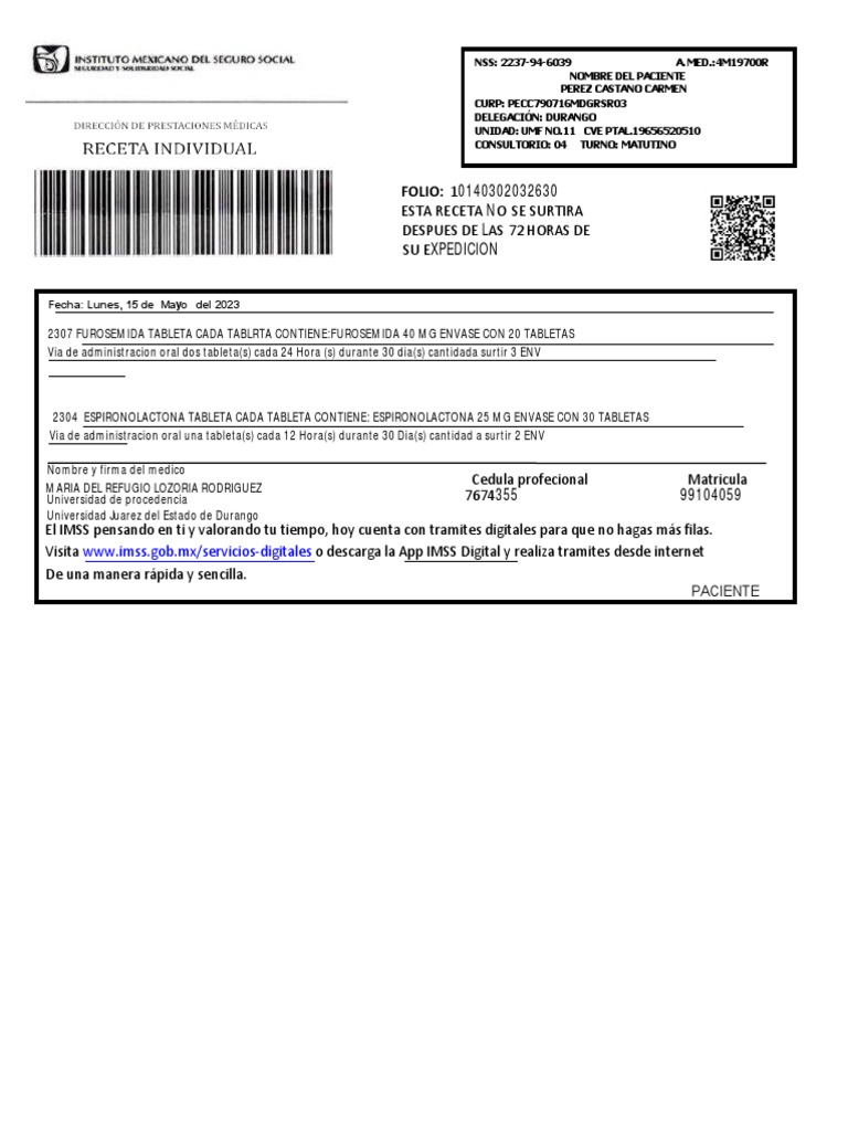 Furosemide Tableta Imss
