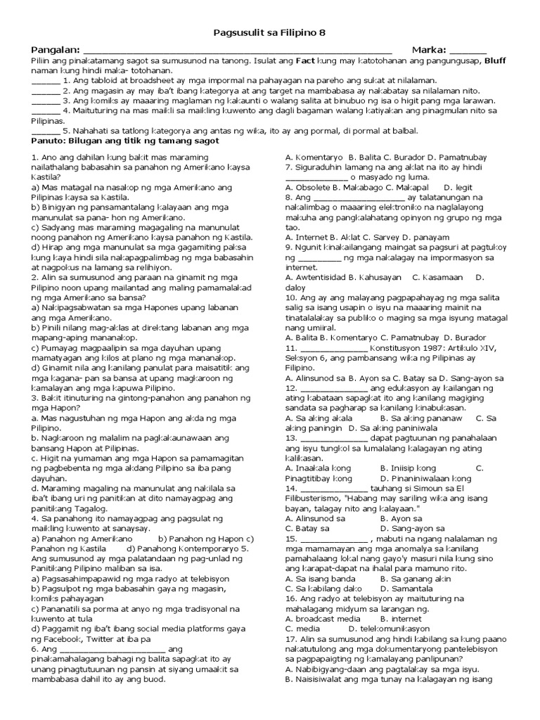 Pagsusulit Sa Filipino 8 | PDF