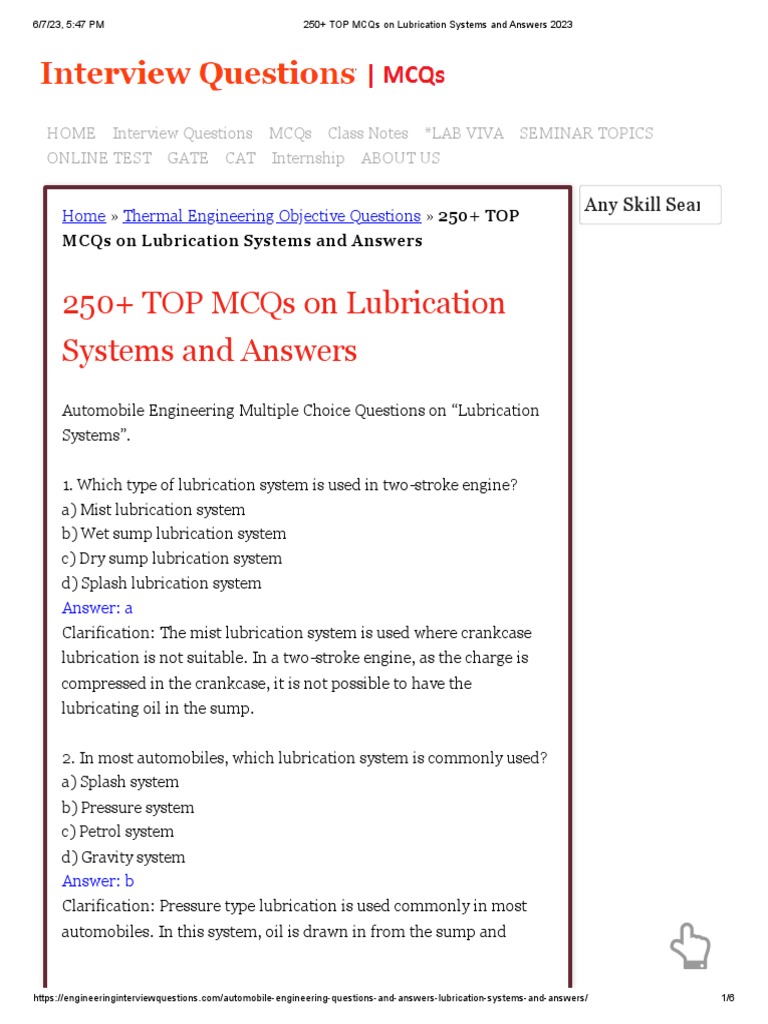 3TOP MCQs On Lubrication Systems and Answers 2023 PDF Motor Oil