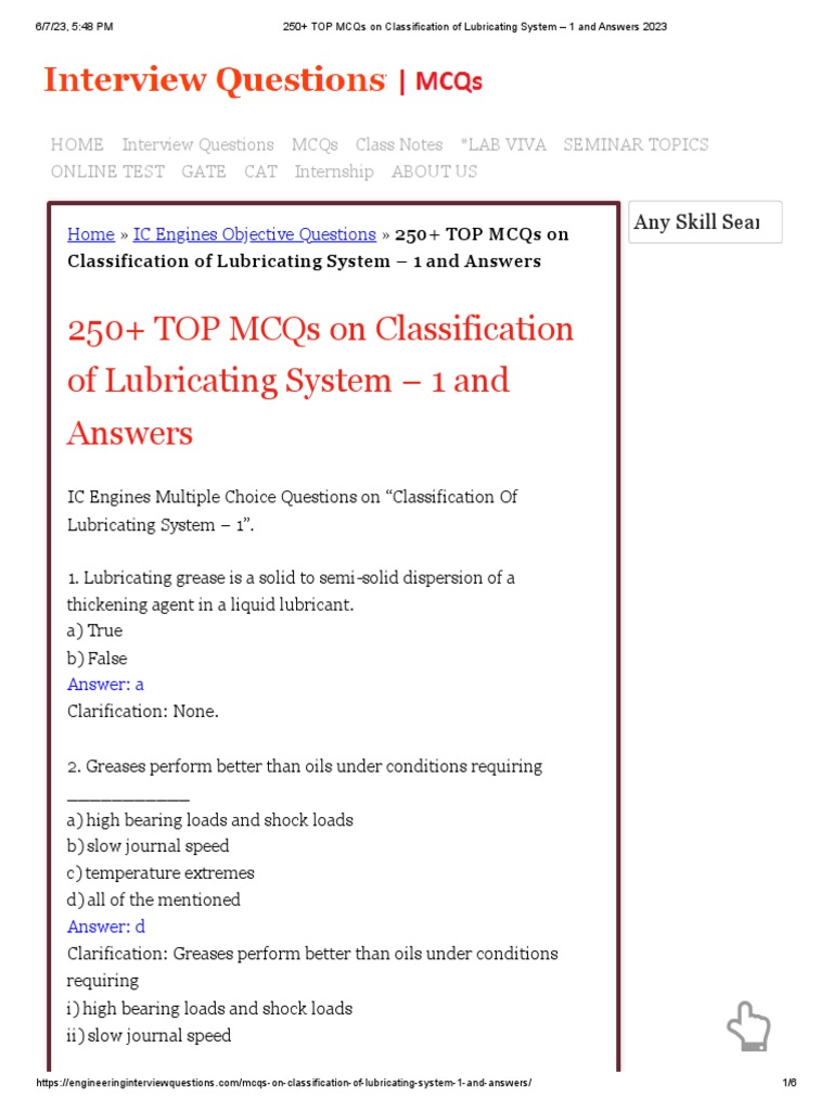 4TOP MCQs On Classification of Lubricating System 1 and Answers 2023